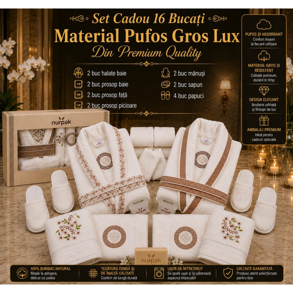 Set Cadou de Baie Premium Nurpak Lux, 16 Piese, 100% Bumbac Natural, Broderie Elegantă, NUR1 ACCESORII BAIE