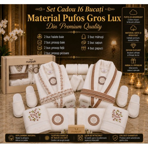 Set Cadou de Baie Premium Nurpak Lux, 16 Piese, 100% Bumbac Natural, Broderie Elegantă, NUR1