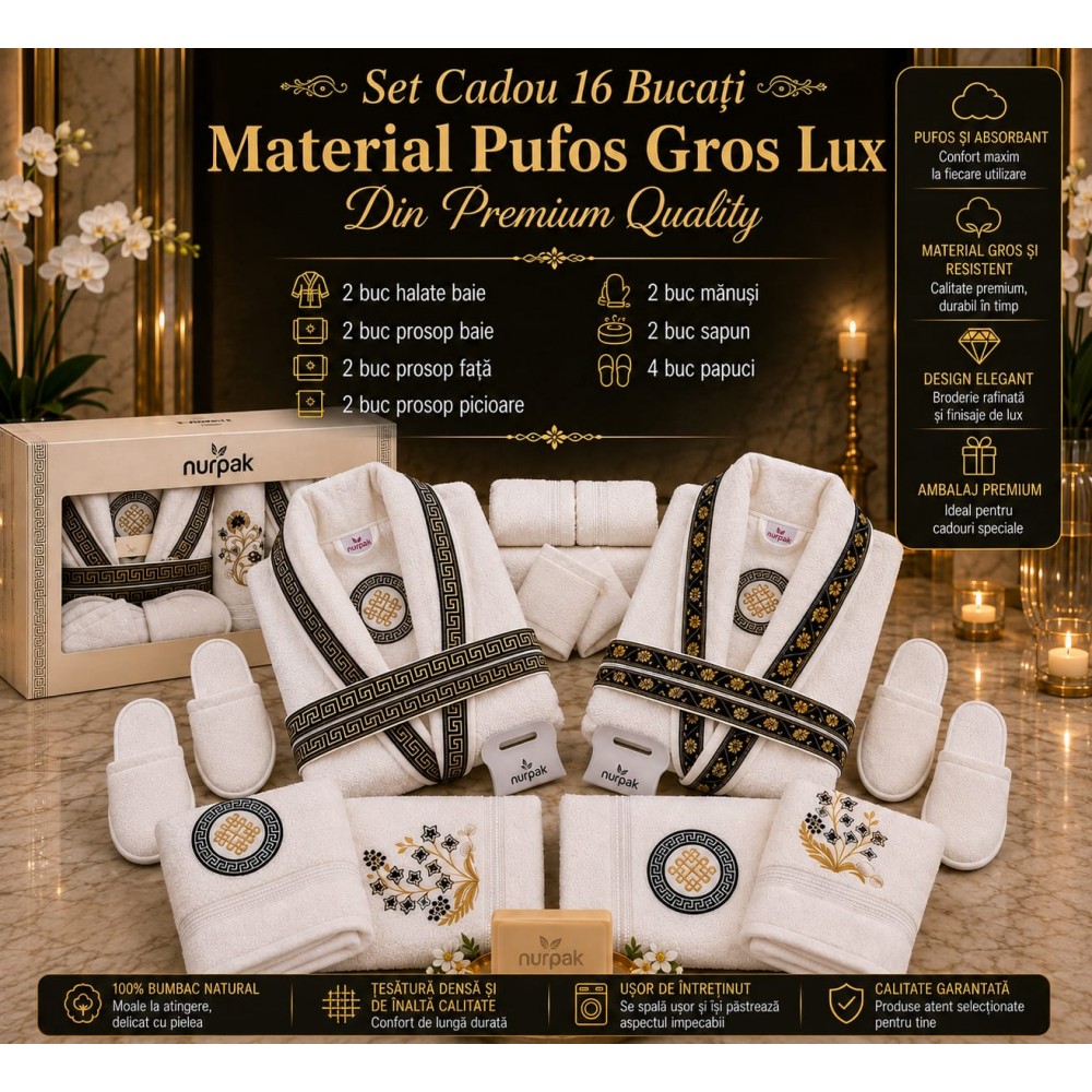 Set Cadou de Baie Premium Nurpak Lux, 16 Piese, 100% Bumbac Natural, Broderie Elegantă, NUR2 ACCESORII BAIE