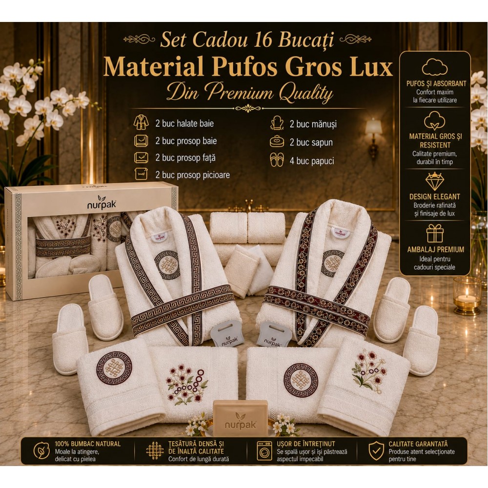 Set Cadou de Baie Premium Nurpak Lux, 16 Piese, 100% Bumbac Natural, Broderie Elegantă, NUR3 ACCESORII BAIE