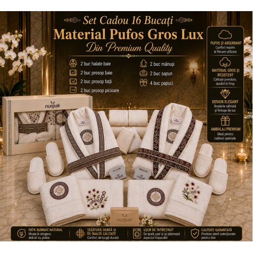 Set Cadou de Baie Premium Nurpak Lux, 16 Piese, 100% Bumbac Natural, Broderie Elegantă, NUR3