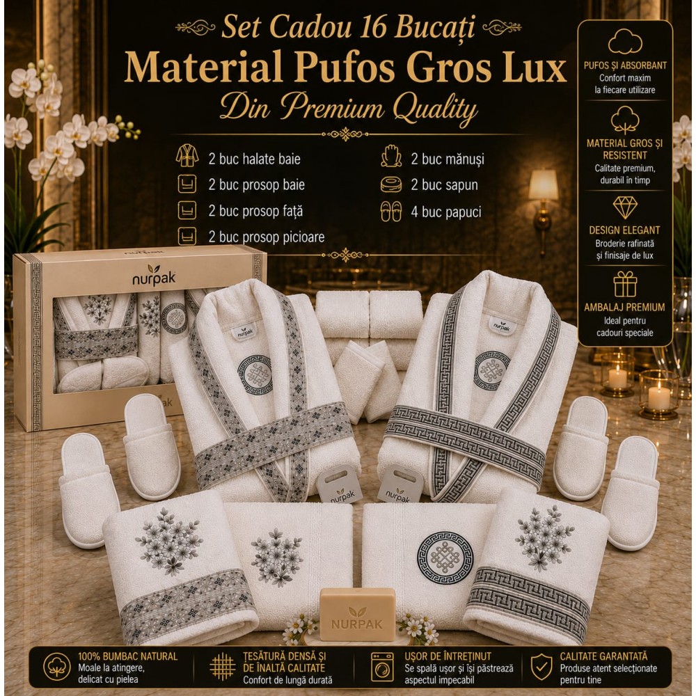 Set Cadou de Baie Premium Nurpak Lux, 16 Piese, 100% Bumbac Natural, Broderie Elegantă, NUR4 ACCESORII BAIE
