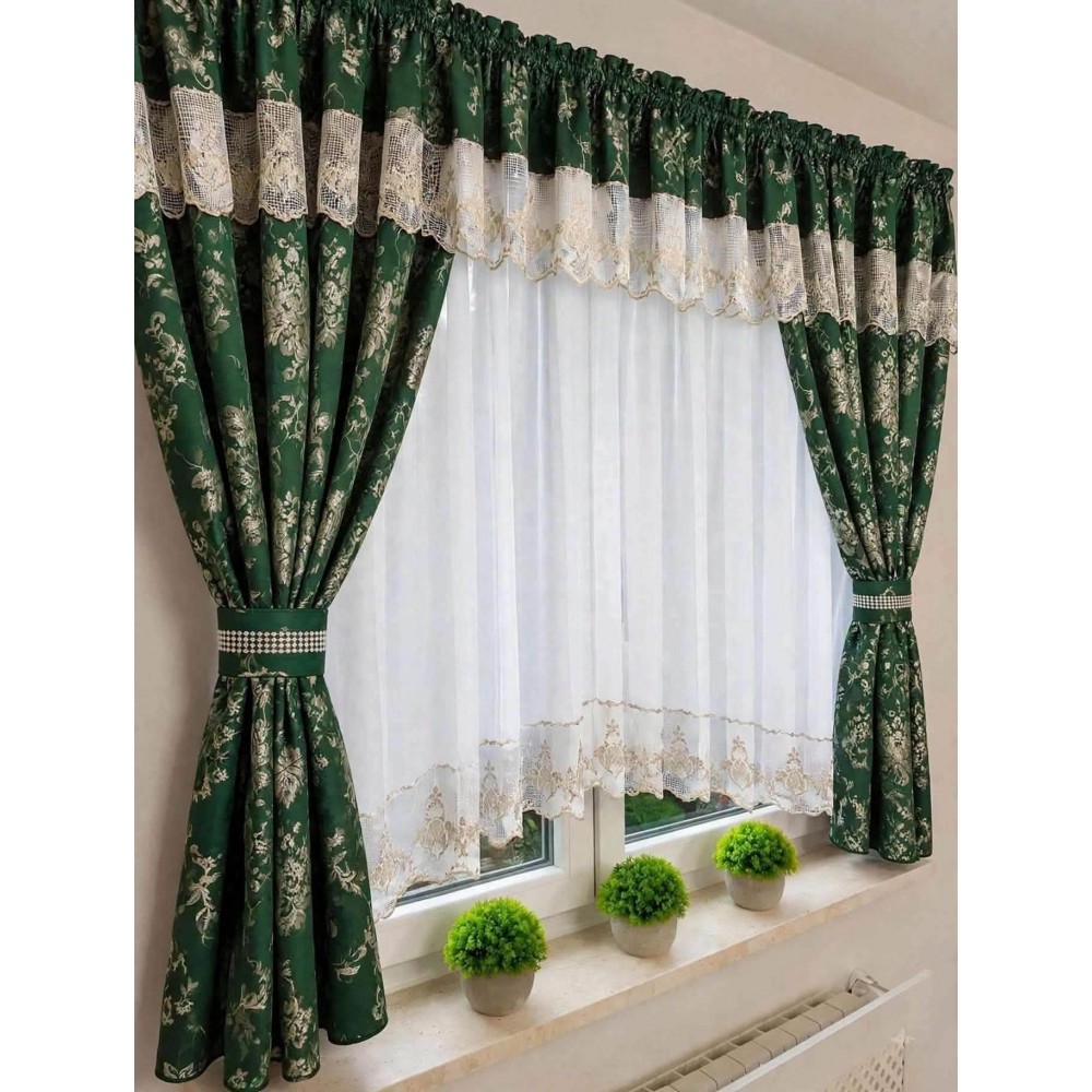 Perdea de bucătărie cu draperii florale, verde – 400 × 160 cm PER1 DRAPERII
