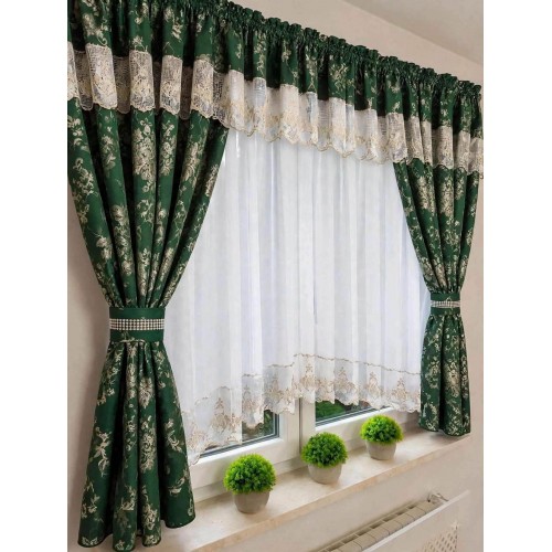 Perdea de bucătărie cu draperii florale, verde – 400 × 160 cm PER1