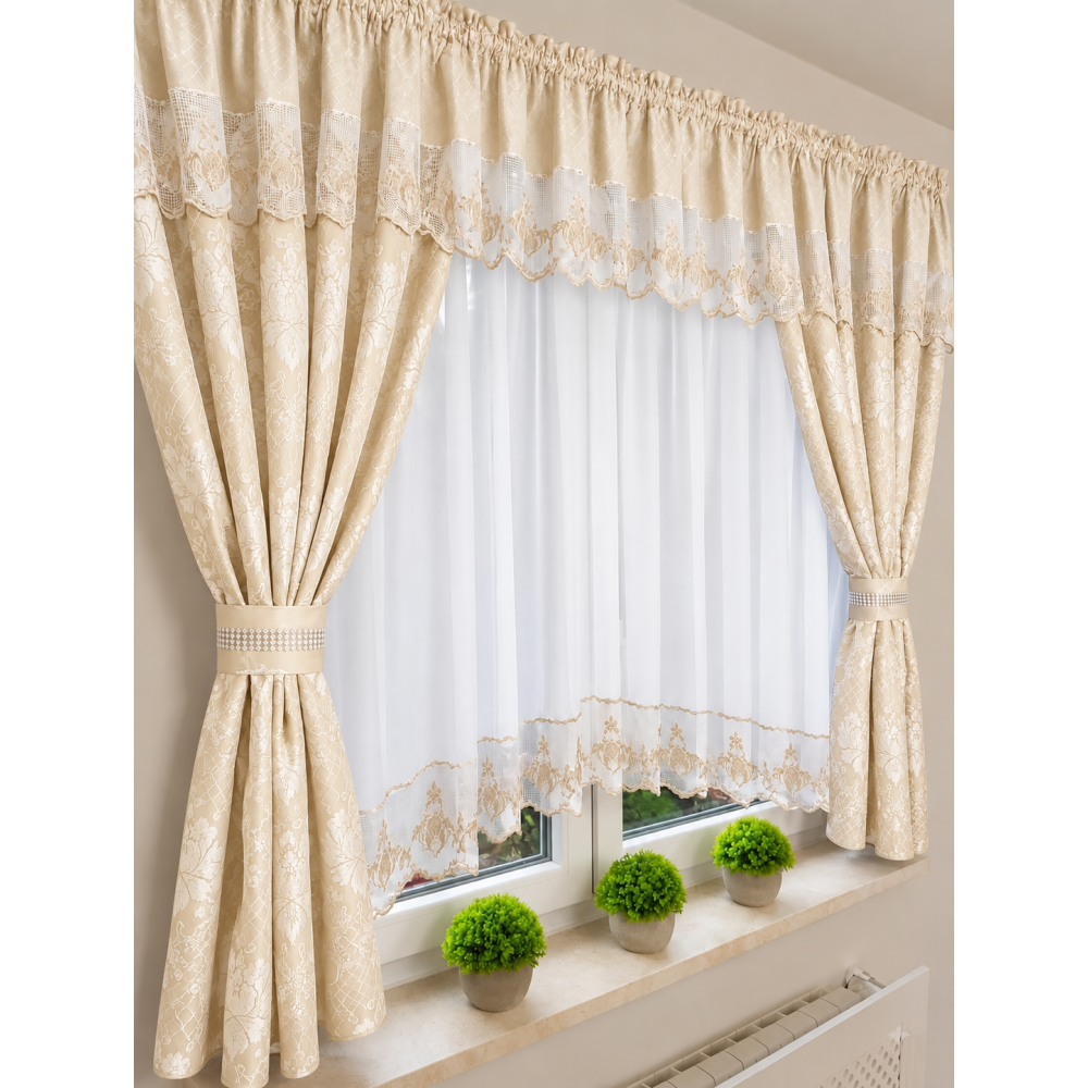 Perdea de bucătărie cu draperii florale, CREM– 400 × 160 cm PER2 DRAPERII