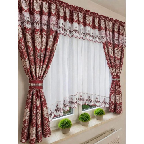 Perdea de bucătărie cu draperii florale, ROSU– 400 × 160 cm PER3