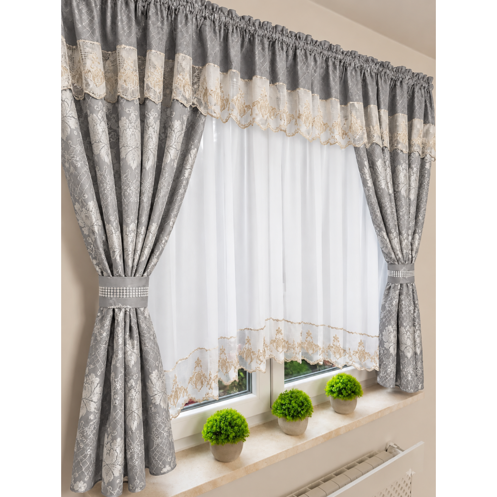 Perdea de bucătărie cu draperii florale, GRI– 400 × 160 cm PER4 DRAPERII