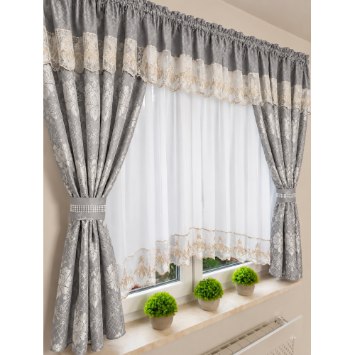 Perdea de bucătărie cu draperii florale, GRI– 400 × 160 cm PER4