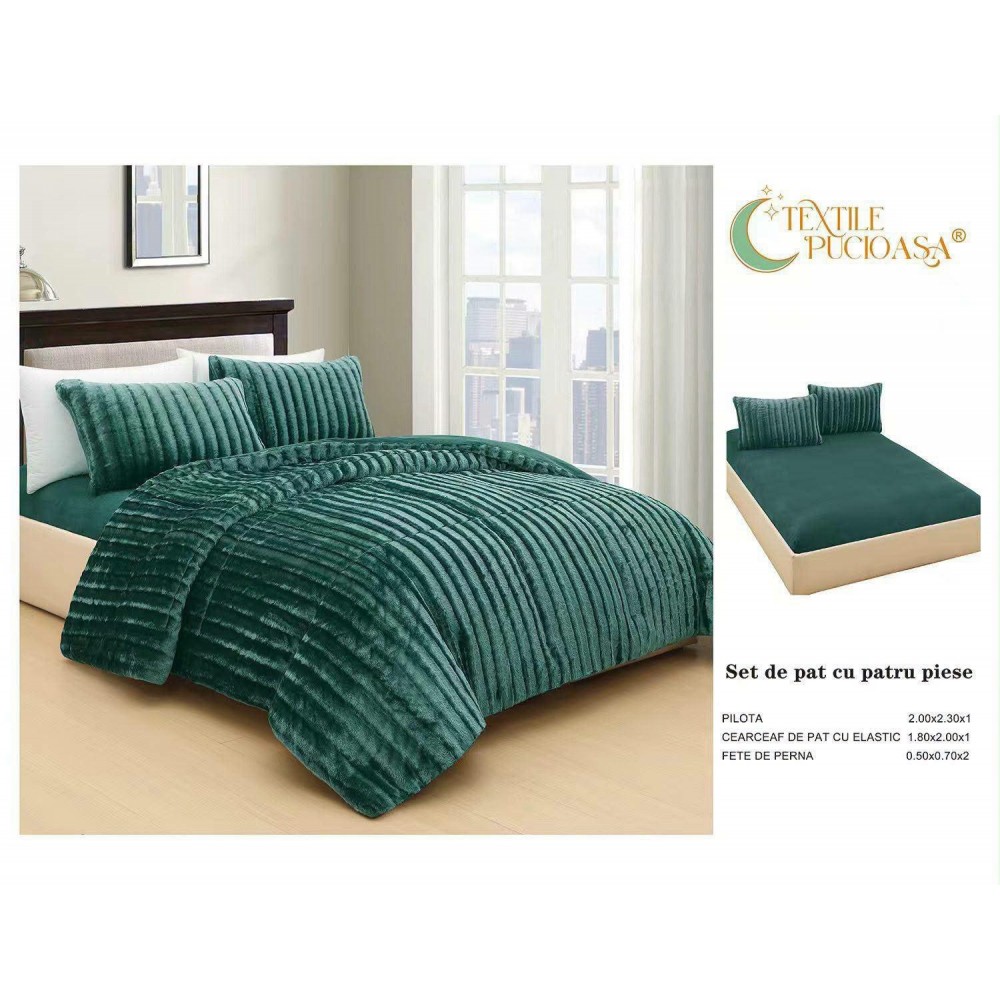 Lenjerie de pat Cocolino cu Pilotă Inclusă – 4 Piese – Verde Smarald – Cearșaf cu Elastic PPCLI1