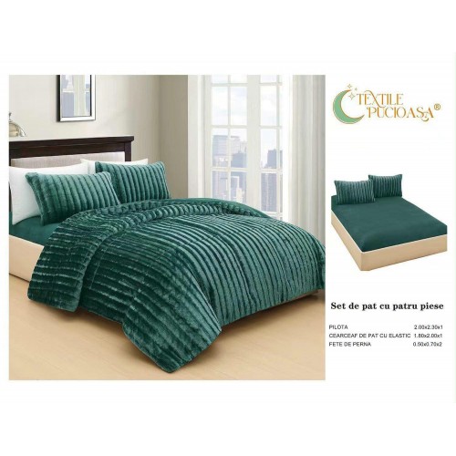 Lenjerie de pat Cocolino cu Pilotă Inclusă – 4 Piese – Verde Smarald – Cearșaf cu Elastic PPCLI1