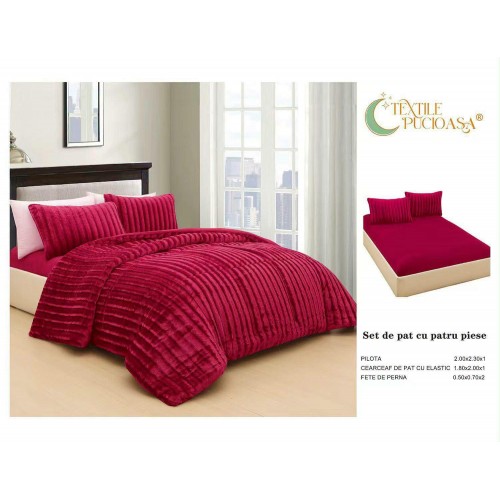 Lenjerie de pat Cocolino cu Pilotă Inclusă – 4 Piese – bordo– Cearșaf cu Elastic PPCLI2