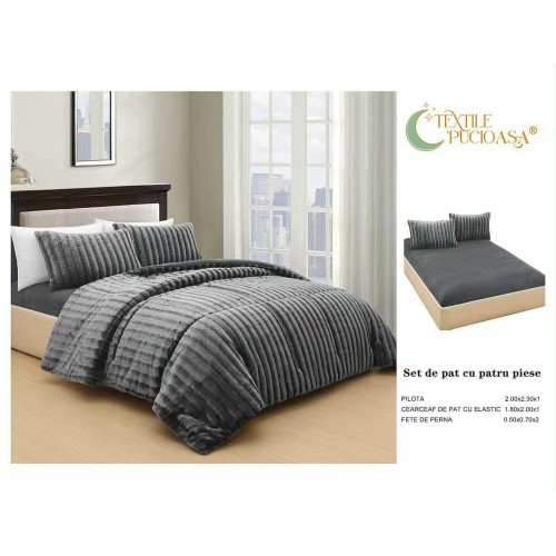 Lenjerie de pat Cocolino cu Pilotă Inclusă – 4 Piese – gri – Cearșaf cu Elastic PPCLI4