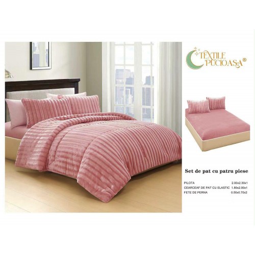 Lenjerie de pat Cocolino cu Pilotă Inclusă – 4 Piese – roz – Cearșaf cu Elastic PPCLI6