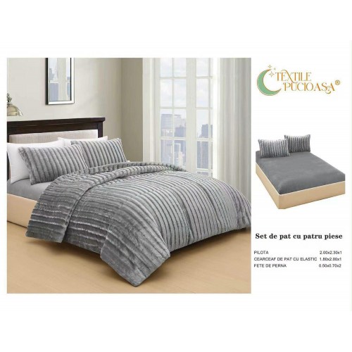 Lenjerie de pat Cocolino cu Pilotă Inclusă – 4 Piese – gri deschis – Cearșaf cu Elastic PPCLI7