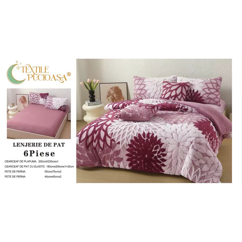 Lenjerie de pat Cocolino – 6 Piese – Model Floral – Cearșaf cu Elastic 180x100 LCCEP4 Lenjerii cocolino 6 piese