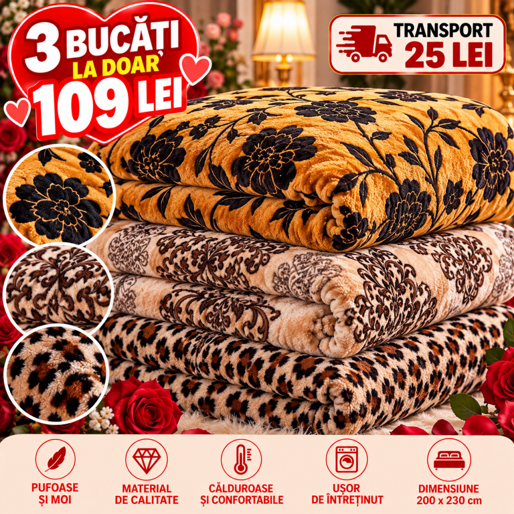 Set 3 Pături Cocolino 200x230 cm – 109 Lei | Super Pufoase și Călduroase S3PC72 PATURI COCOLINO
