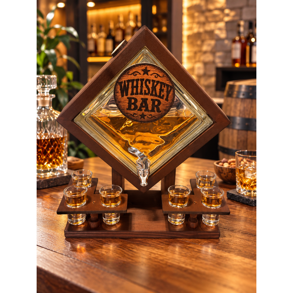 Dozator de băuturi Whiskey Bar cu robinet și 6 pahare – suport din lemn DW1