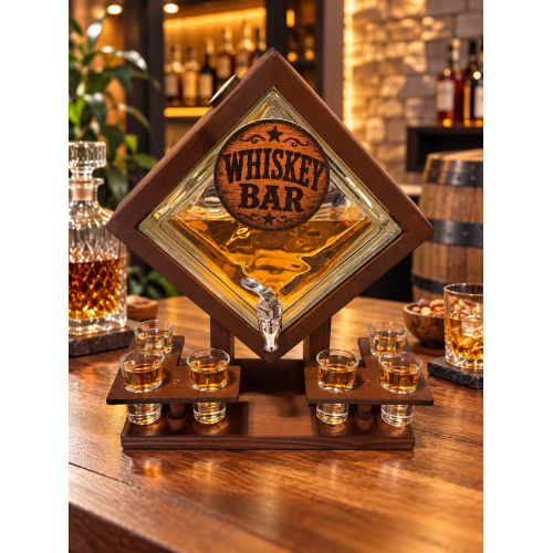 Dozator de băuturi Whiskey Bar cu robinet și 6 pahare – suport din lemn DW1
