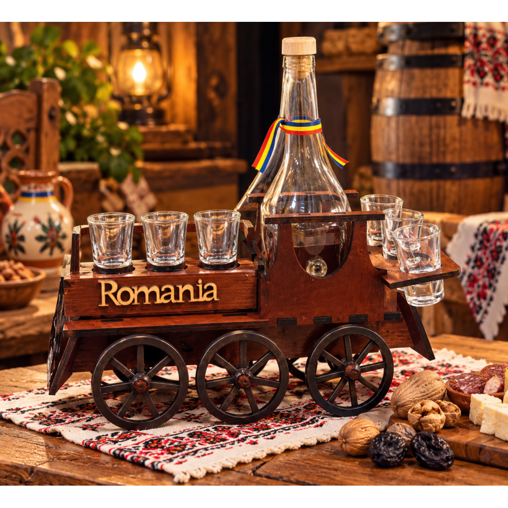 Set cadou România – Căruță din lemn cu sticlă și 6 pahare pentru băuturi SW4 BUCATARIE
