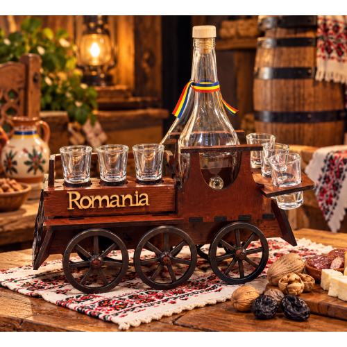Set cadou România – Căruță din lemn cu sticlă și 6 pahare pentru băuturi SW4