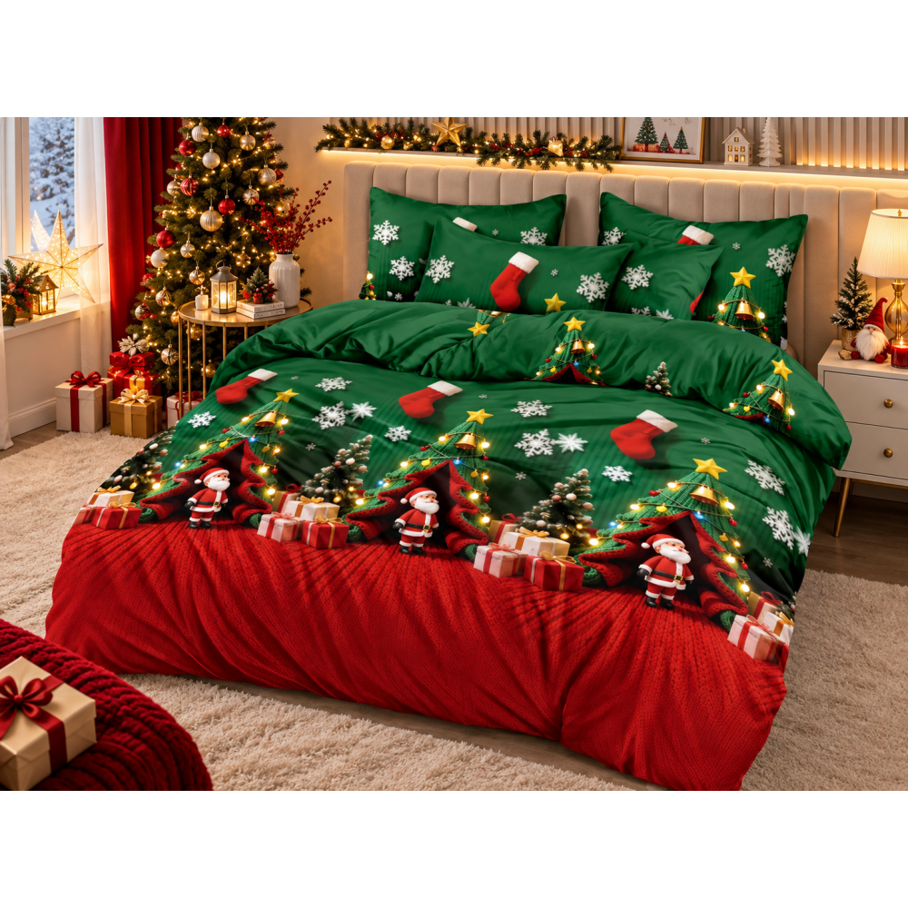 Lenjerie de Pat Crăciun 6 Piese cu Elastic – Modele Festive, Mos Craciun LCRPT12 LENJERII 6 PIESE