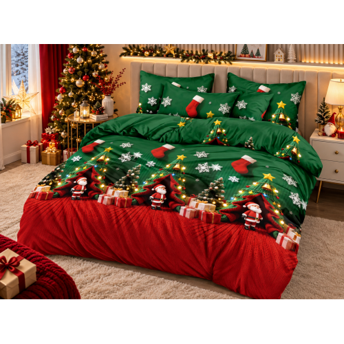 Lenjerie de Pat Crăciun 6 Piese cu Elastic – Modele Festive, Mos Craciun LCRPT12