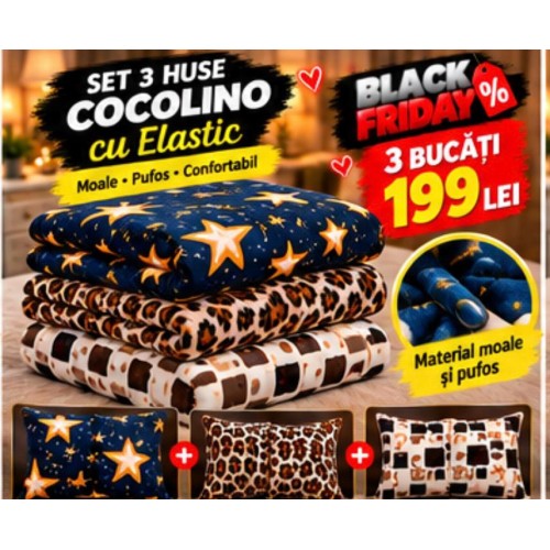 Set 3 Huse de Pat Cocolino cu Elastic + 6 Fețe de Pernă – Modele Asortate – Super Ofertă 199 Lei S3HCE19