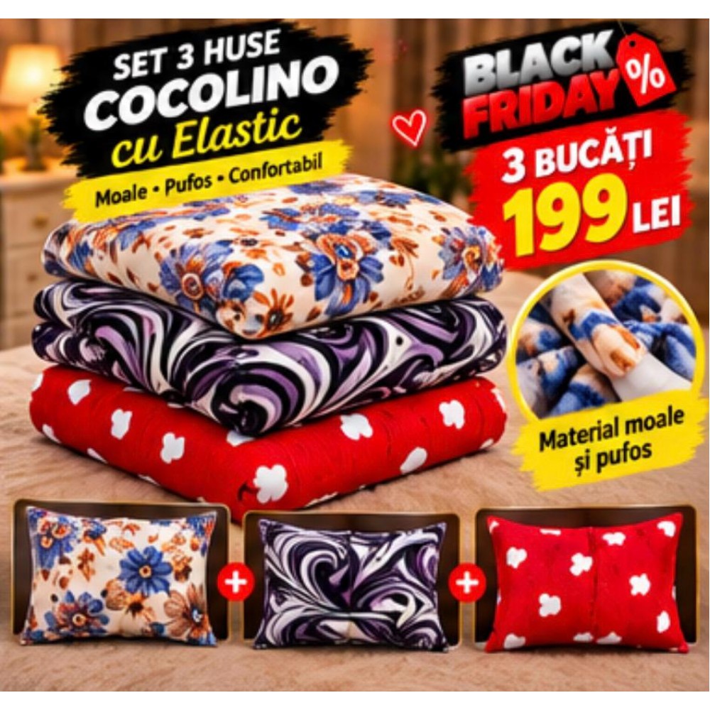 Set 3 Huse de Pat Cocolino cu Elastic + 6 Fețe de Pernă – Modele Asortate – Super Ofertă 199 Lei S3HCE24 Huse cocolino