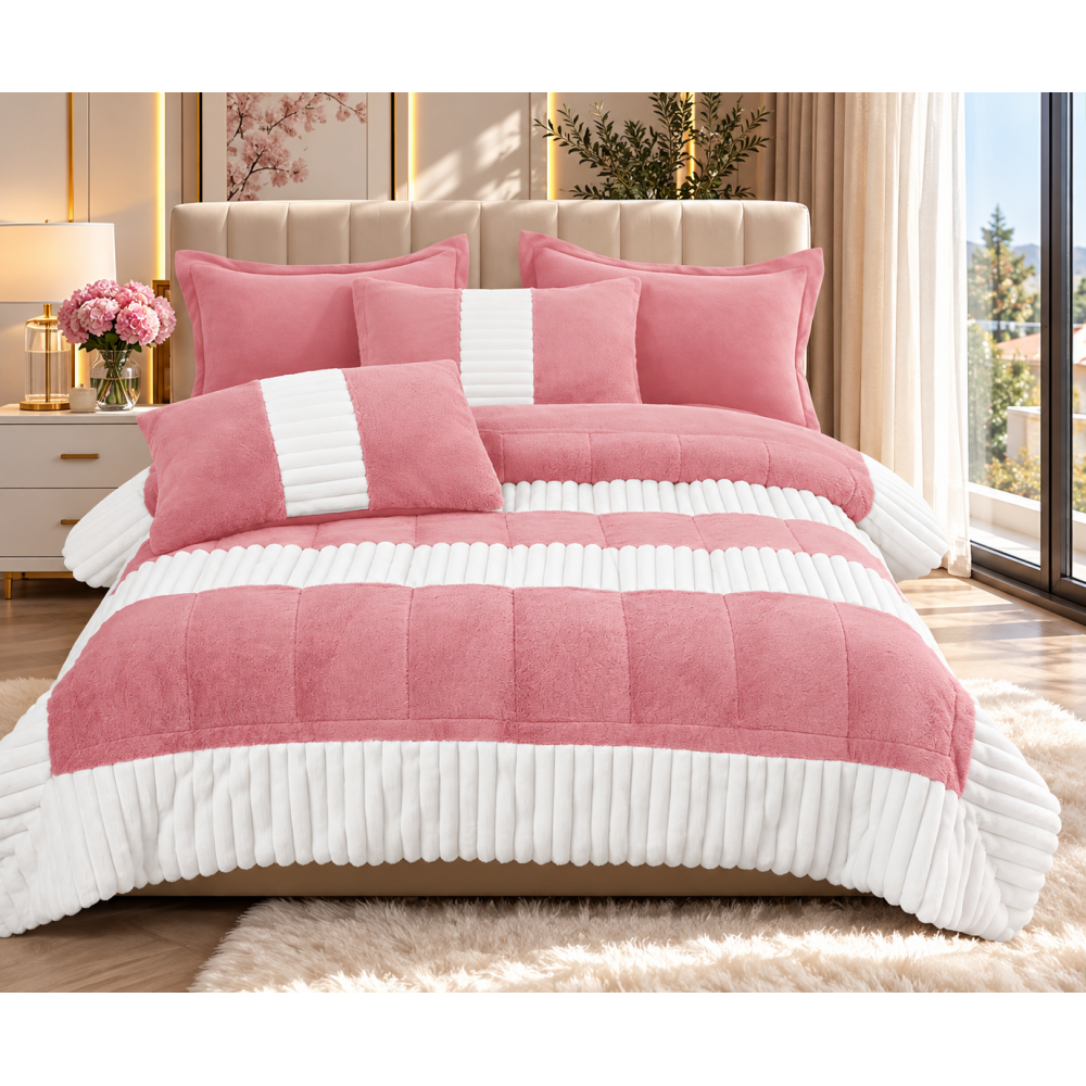 Set pilotă pufoasă Iepure, 6 piese, roz cu alb, LENJERE INCLUSA cu cearșaf cu elastic 180X200 SPLIM1 PILOTE BLANA IEPURE