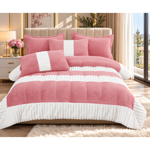 Set pilotă pufoasă Iepure, 6 piese, roz cu alb, LENJERE INCLUSA cu cearșaf cu elastic 180X200 SPLIM1