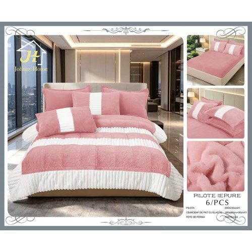 Set pilotă pufoasă Iepure, 6 piese, roz cu alb, LENJERE INCLUSA cu cearșaf cu elastic 180X200 SPLIM1