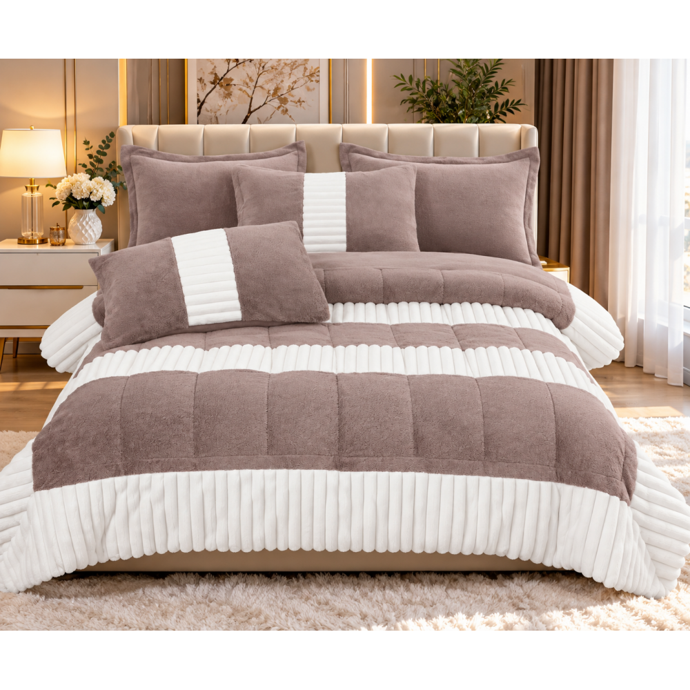 Set pilotă pufoasă Iepure, 6 piese, roz cu alb, LENJERE INCLUSA cu cearșaf cu elastic 180X200 SPLIM2 PILOTE BLANA IEPURE