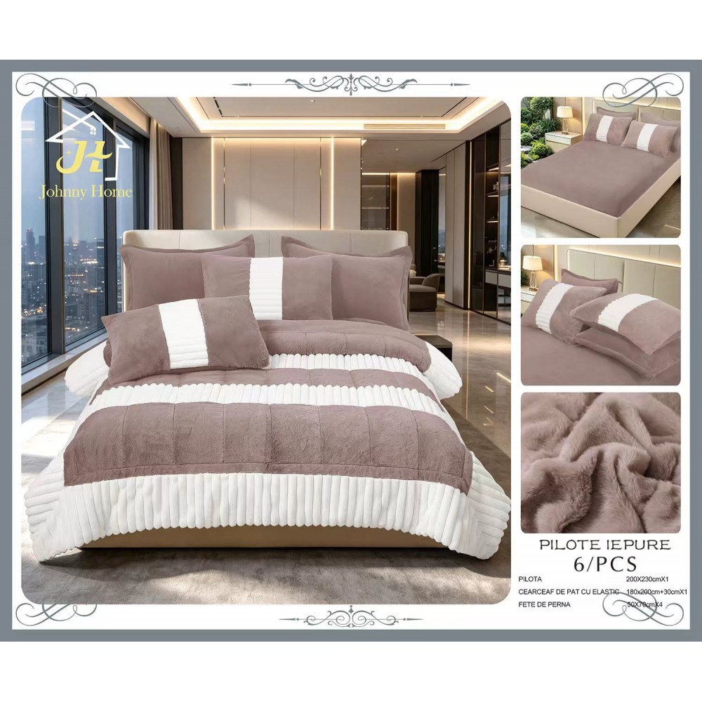 Set pilotă pufoasă Iepure, 6 piese, roz cu alb, LENJERE INCLUSA cu cearșaf cu elastic 180X200 SPLIM2 PILOTE BLANA IEPURE