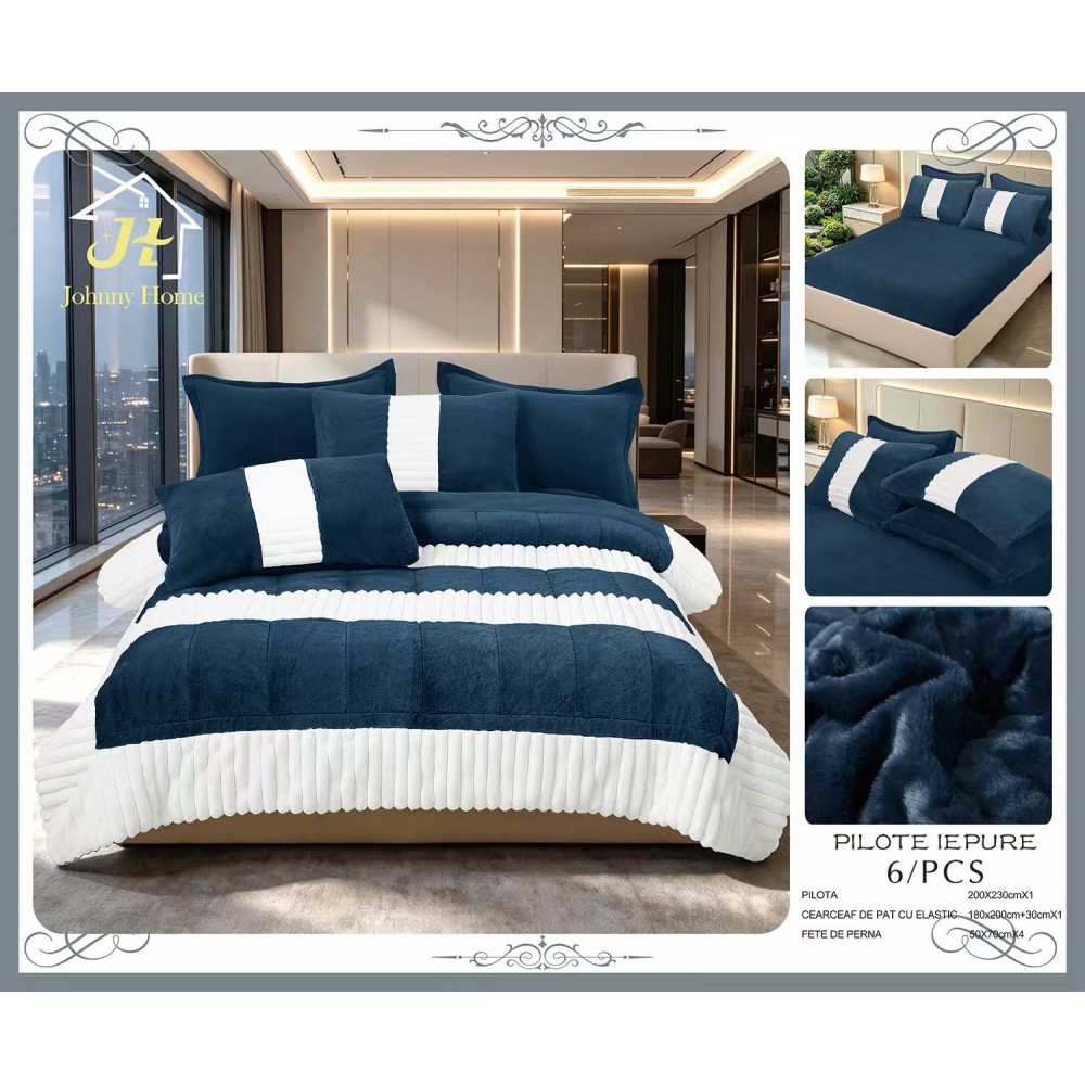 Set pilotă pufoasă Iepure, 6 piese, roz cu alb, LENJERE INCLUSA cu cearșaf cu elastic 180X200 SPLIM3 PILOTE BLANA IEPURE