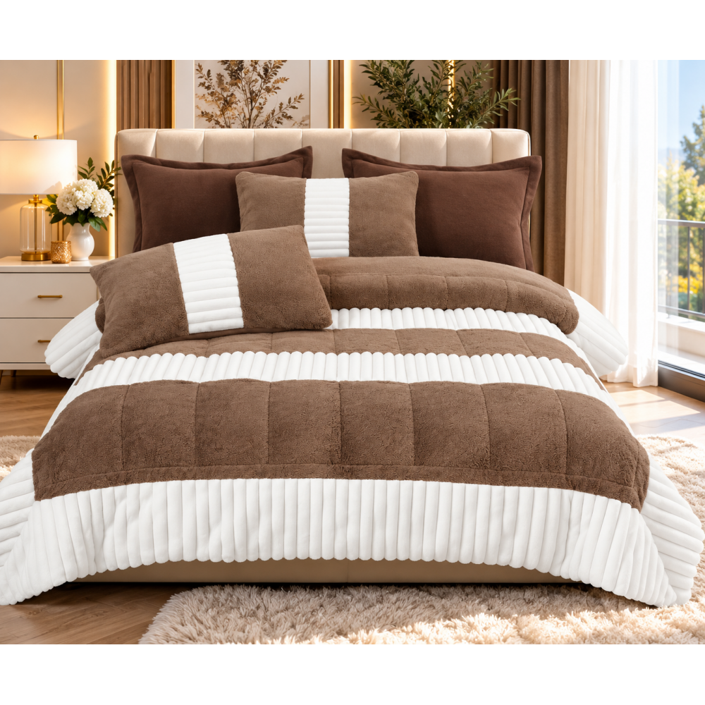 Set pilotă pufoasă Iepure, 6 piese, roz cu alb, LENJERE INCLUSA cu cearșaf cu elastic 180X200 SPLIM4 PILOTE BLANA IEPURE