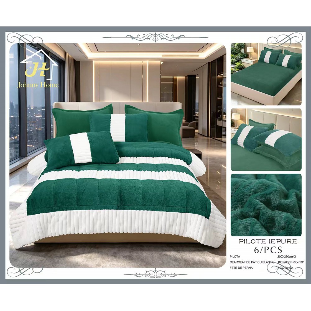 Set pilotă pufoasă Iepure, 6 piese, roz cu alb, LENJERE INCLUSA cu cearșaf cu elastic 180X200 SPLIM5 PILOTE BLANA IEPURE
