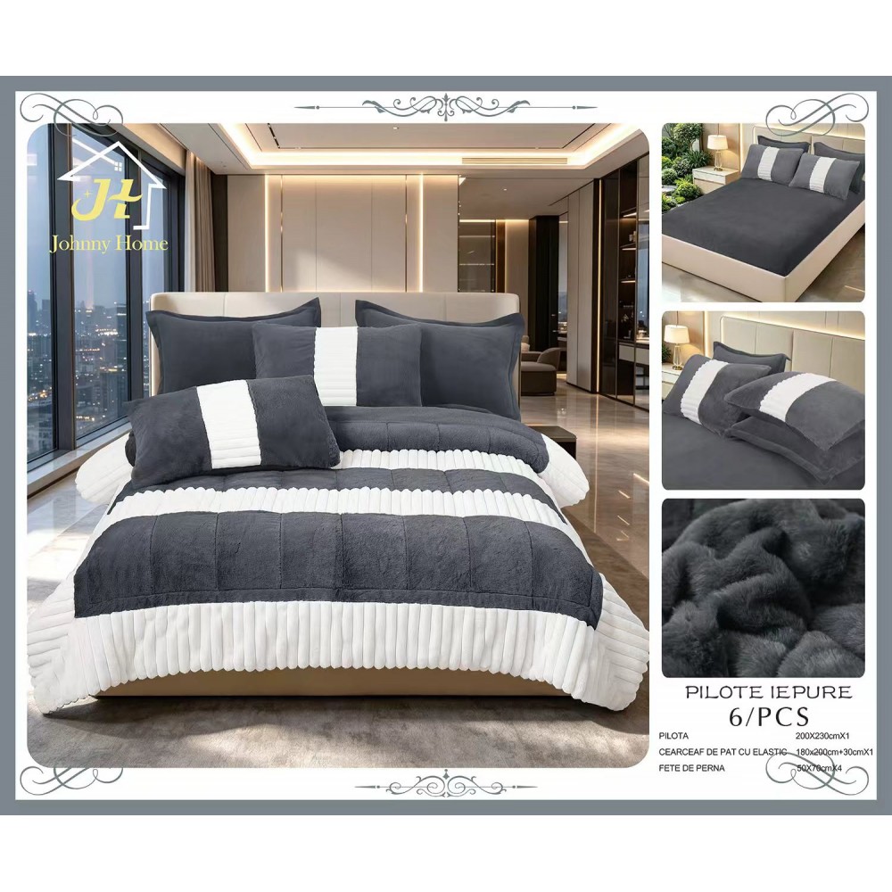 Set pilotă pufoasă Iepure, 6 piese, roz cu alb, LENJERE INCLUSA cu cearșaf cu elastic 180X200 SPLIM6 PILOTE BLANA IEPURE