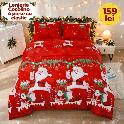 Lenjerie de Pat Cocolino 4 Piese cu Elastic 180 X 200 CM  - Modele de Crăciun - 159 lei LCCSK1