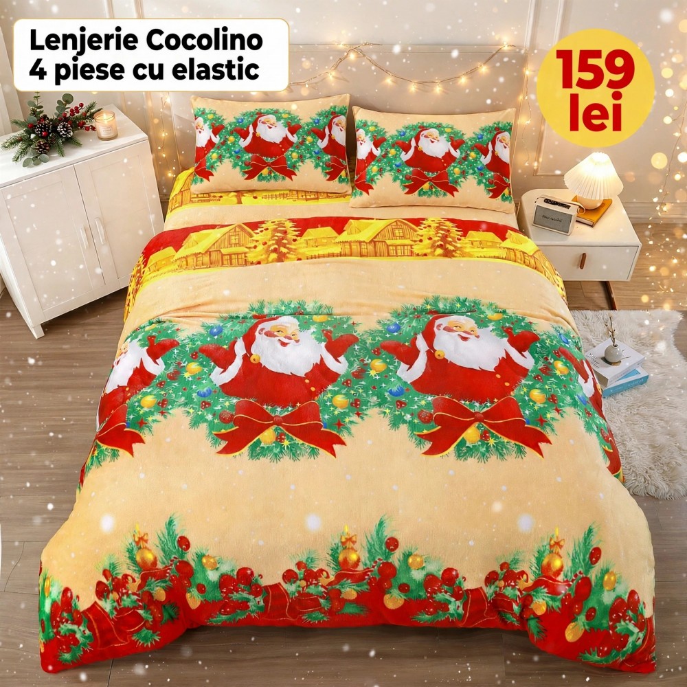 Lenjerie de Pat Cocolino 4 Piese cu Elastic 180 X 200 CM  - Modele de Crăciun - 159 lei LCCSK2 LENJERII COCOLINO 4 PIESE CRACIUN