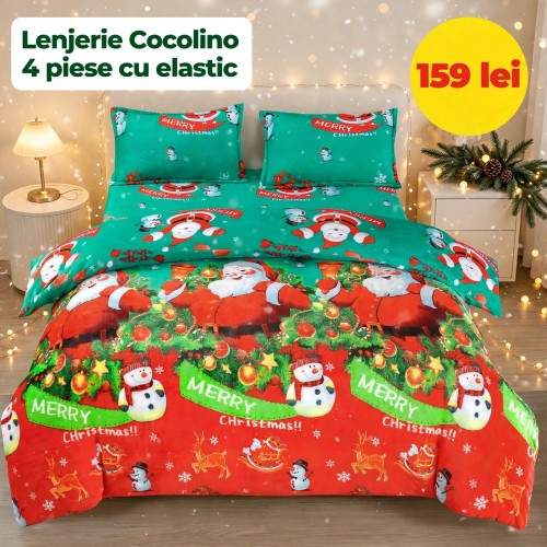 Lenjerie de Pat Cocolino 4 Piese cu Elastic 180 X 200 CM  - Modele de Crăciun - 159 lei LCCSK4