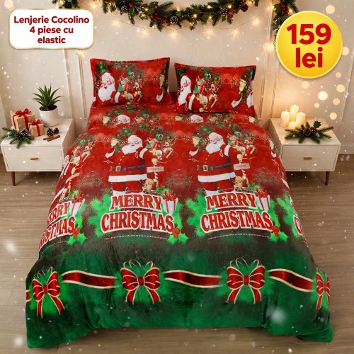 Lenjerie de Pat Cocolino 4 Piese cu Elastic 180 X 200 CM  - Modele de Crăciun - 159 lei LCCSK5