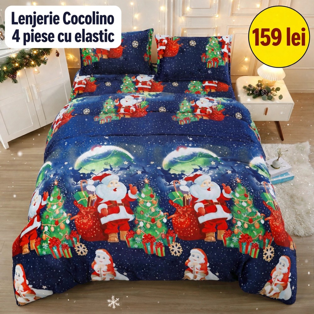 Lenjerie de Pat Cocolino 4 Piese cu Elastic 180 X 200 CM  - Modele de Crăciun - 159 lei LCCSK6 LENJERII COCOLINO 4 PIESE CRACIUN