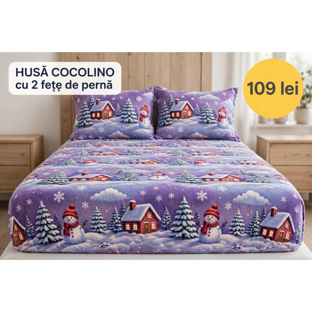 Husă de pat Cocolino cu elastic și 2 fețe de pernă, model de Crăciun HCCY1