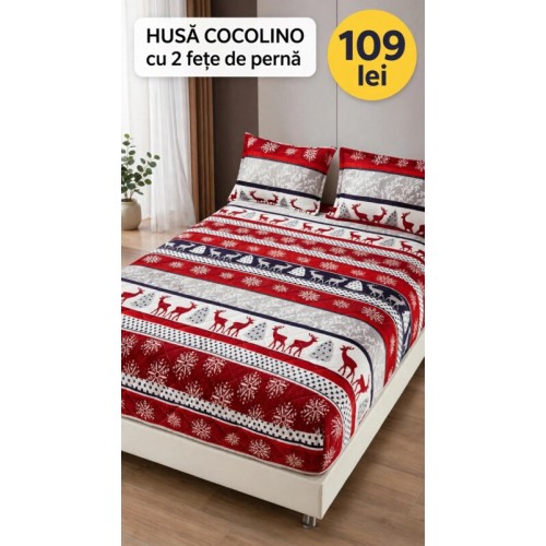 Husă de pat Cocolino cu elastic și 2 fețe de pernă, model de Crăciun HCCY2
