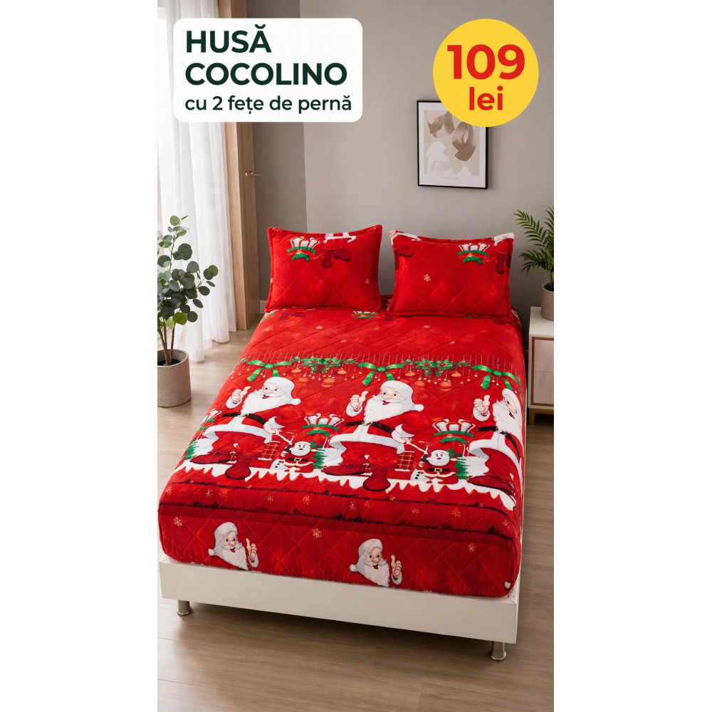 Husă de pat Cocolino cu elastic și 2 fețe de pernă, model de Crăciun HCCY3 HUSE COCOLINO CRACIUN