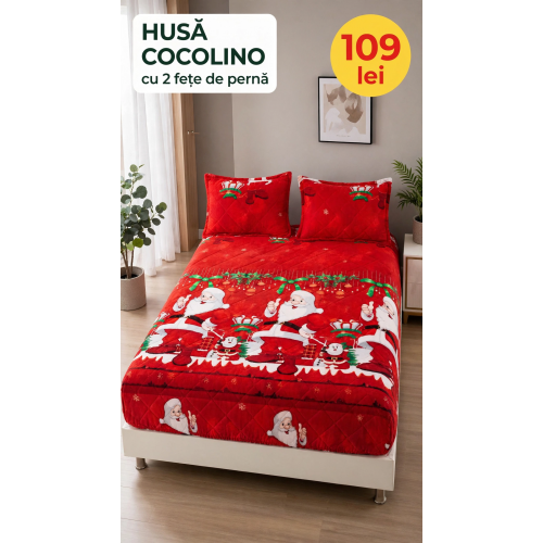 Husă de pat Cocolino cu elastic și 2 fețe de pernă, model de Crăciun HCCY3