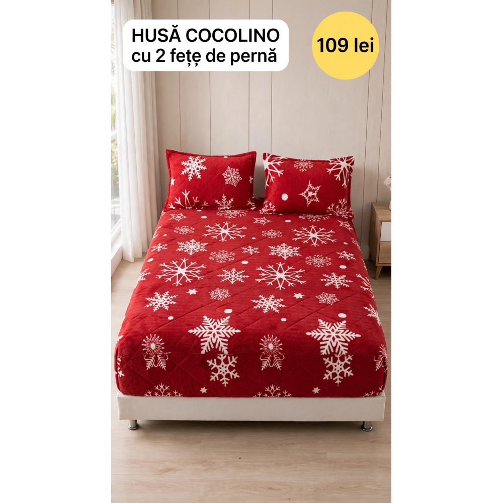 Husă de pat Cocolino cu elastic și 2 fețe de pernă, model de Crăciun HCCY4 HUSE COCOLINO CRACIUN