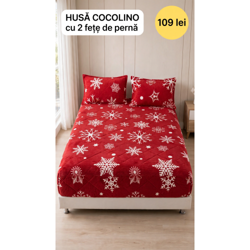 Husă de pat Cocolino cu elastic și 2 fețe de pernă, model de Crăciun HCCY4