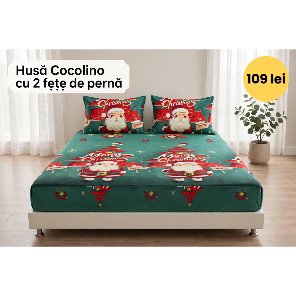 Husă de pat Cocolino cu elastic și 2 fețe de pernă, model de Crăciun HCCY5 HUSE COCOLINO CRACIUN