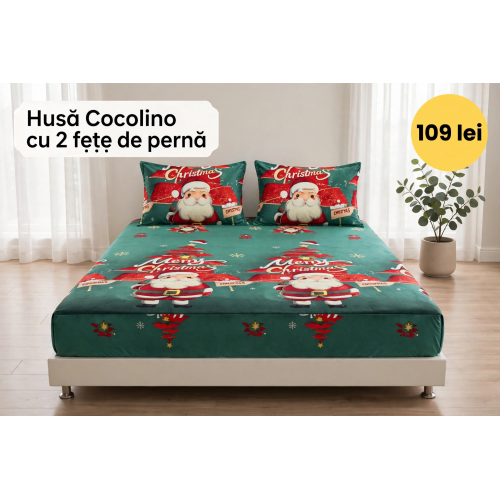 Husă de pat Cocolino cu elastic și 2 fețe de pernă, model de Crăciun HCCY5